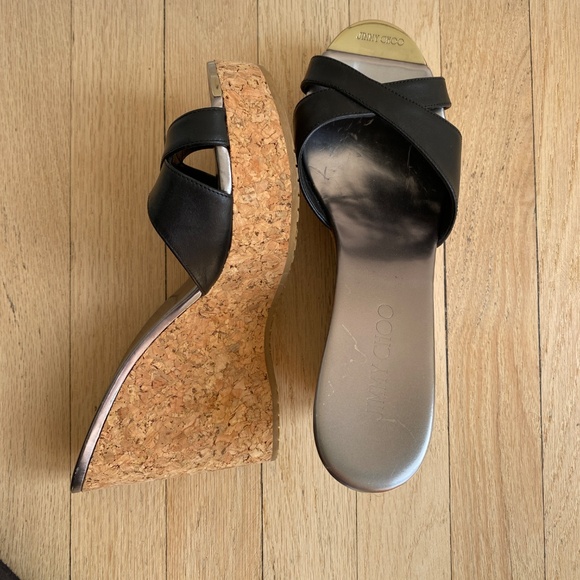 Jimmy Choo Black Leather Cork Wedge Sandals – Size Approx. 8 - Picture 2 of 10